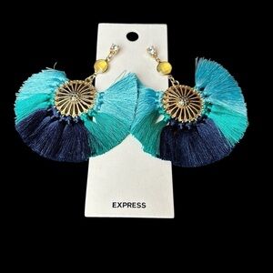 Statement Earrings From Express Boho Tropical Bold Gold & Shades of Blue Fringe